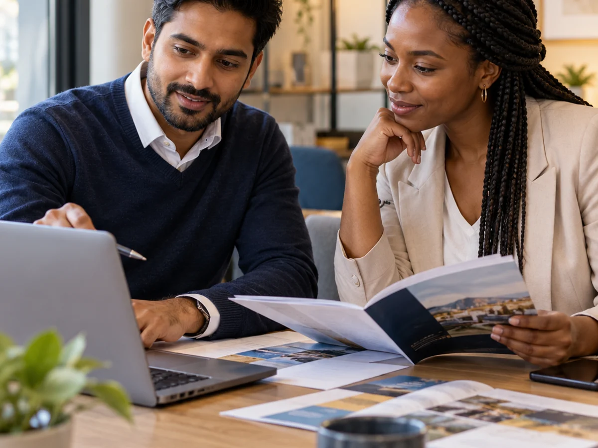 Two professionals discussing study options at a consultation table