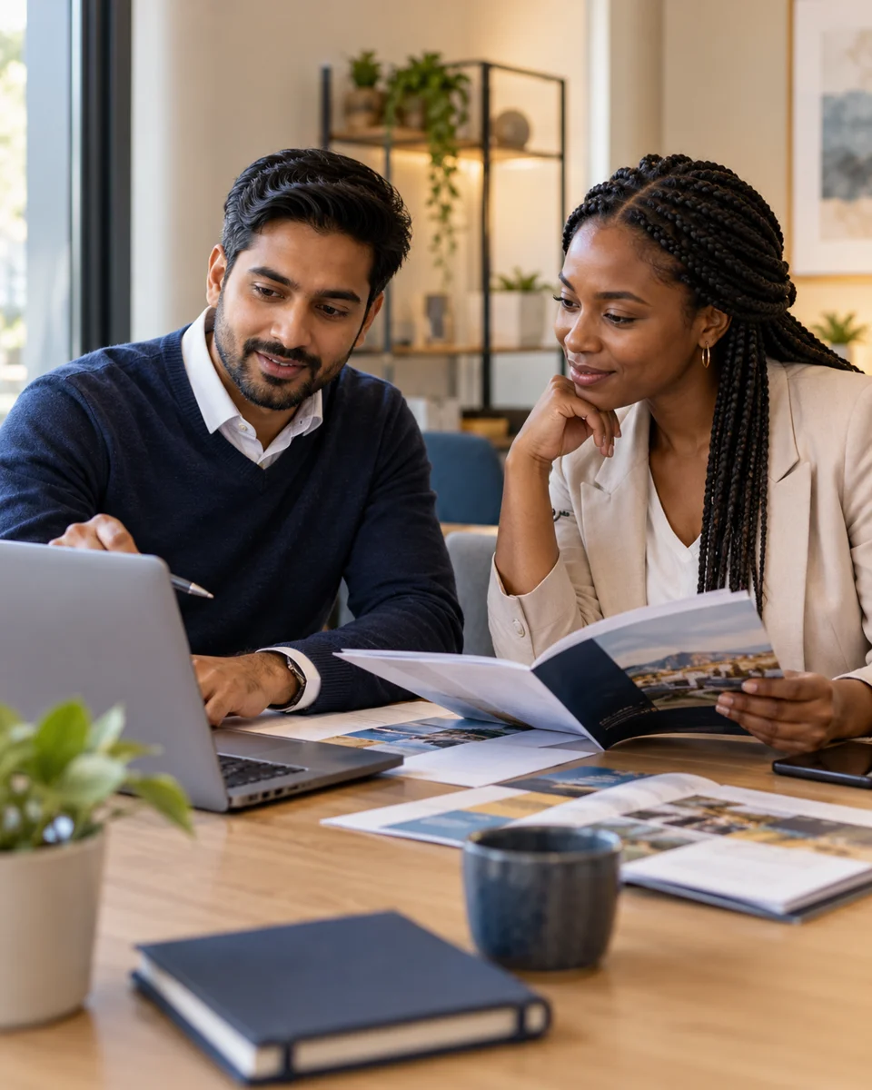 Two professionals discussing study options at a consultation table